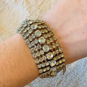 Vintage Silver Tone Rhinestone Bracelet Safety Clasp Multi-Row Sparkle Bling